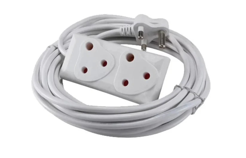 ET 220v 10amp 5m extension cord with two-way multi-plug, versatile power solution, showing the multi-outlet and cord length.