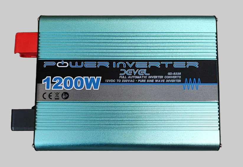 Devel GD-6236 1200W 12V DC to 220V pure sine inverter, Easton brand, showing the inverter unit with power indicators