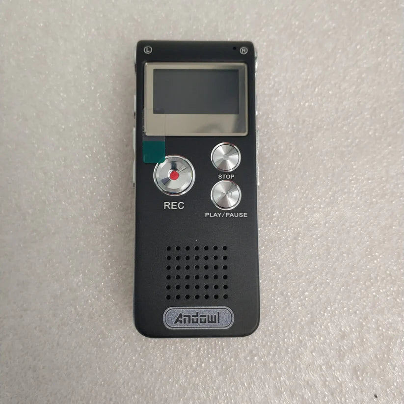 ET Andowl Q-LY77 16GB digital voice recorder with LCD screen, compact device for recording audio clearly.