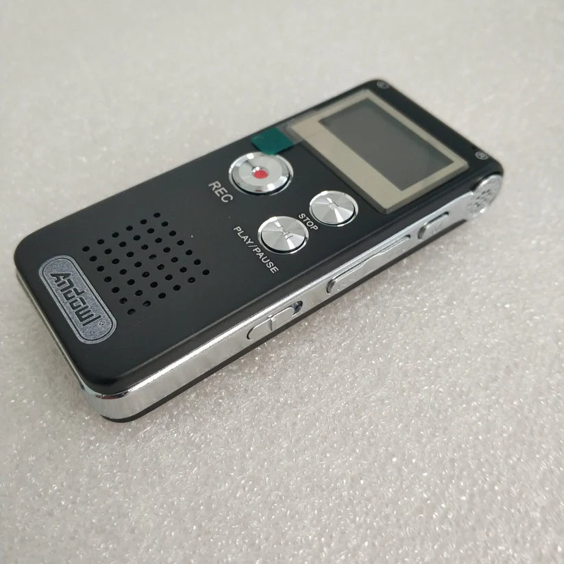 ET Andowl Q-LY77 digital voice recorder with 16GB storage and LCD screen, shown with buttons and compact design.