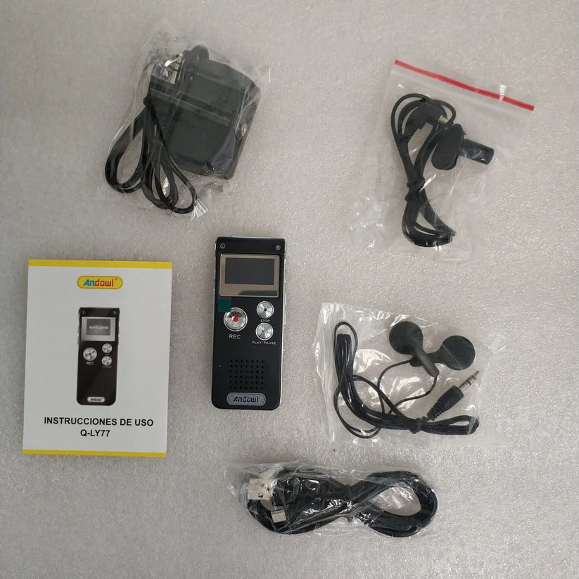 ET Andowl Q-LY77 digital voice recorder with 16GB storage and LCD screen, shown with buttons and compact design.