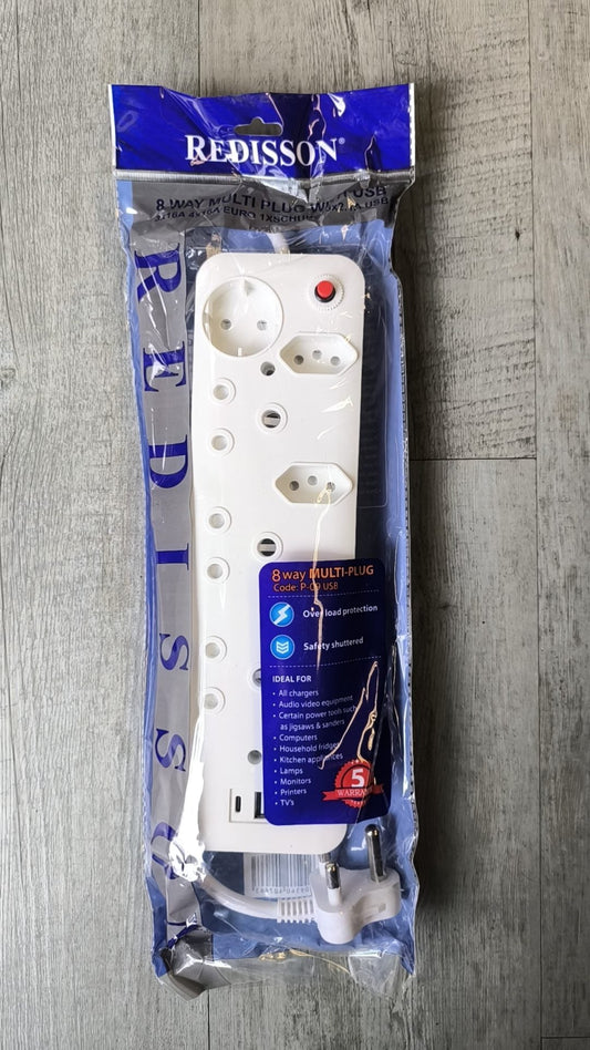 REDISSON 8 Way 3x16Amp 4x16Amp Euro 1x Schuko 3x 2.1A USB Port 220v Multi-Plug - Electromann SA