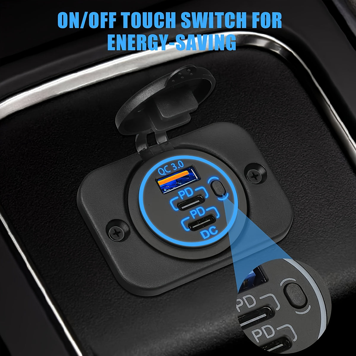Temu 3-Port USB fast car charger socket with cable, 30W PD3.0 and 18W QC 3.0 for quick device charging in vehicles.