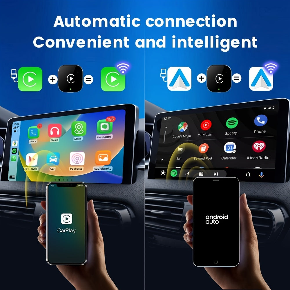 Wireless CarPlay Adapter by Temu showing stereo sound, smartphone controller, and hands-free features in a vehicle dashboard display.