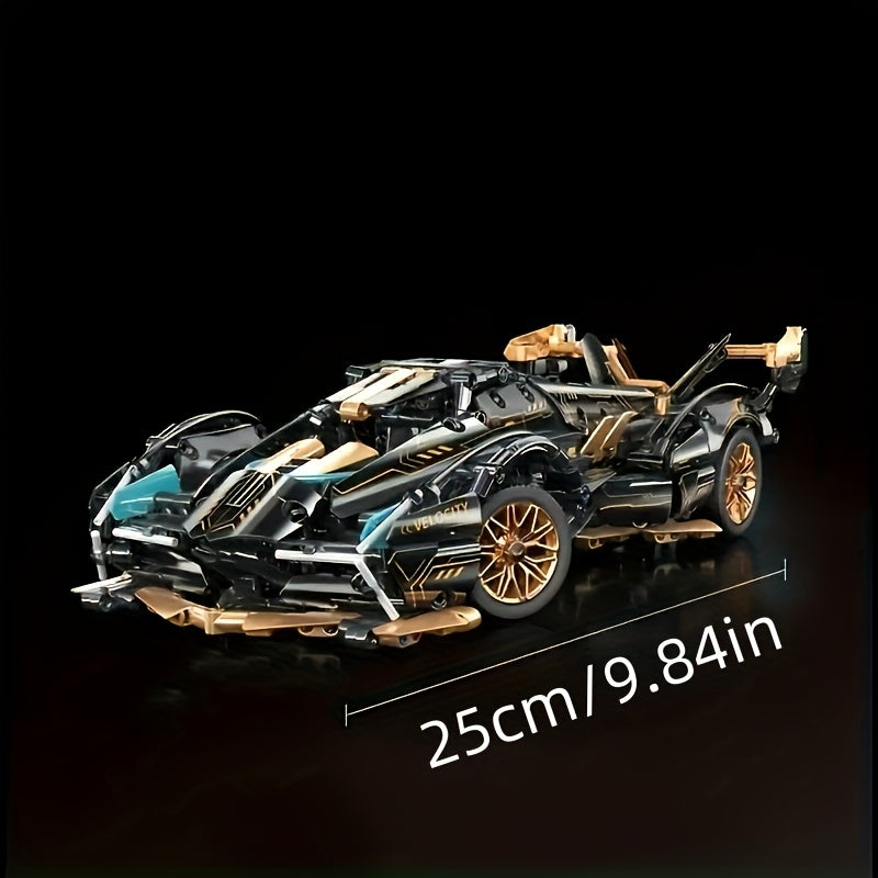 Temu 1332pcs limited edition super sports car model kit in sleek black and gold, detailed assembly of a high-performance sports car.