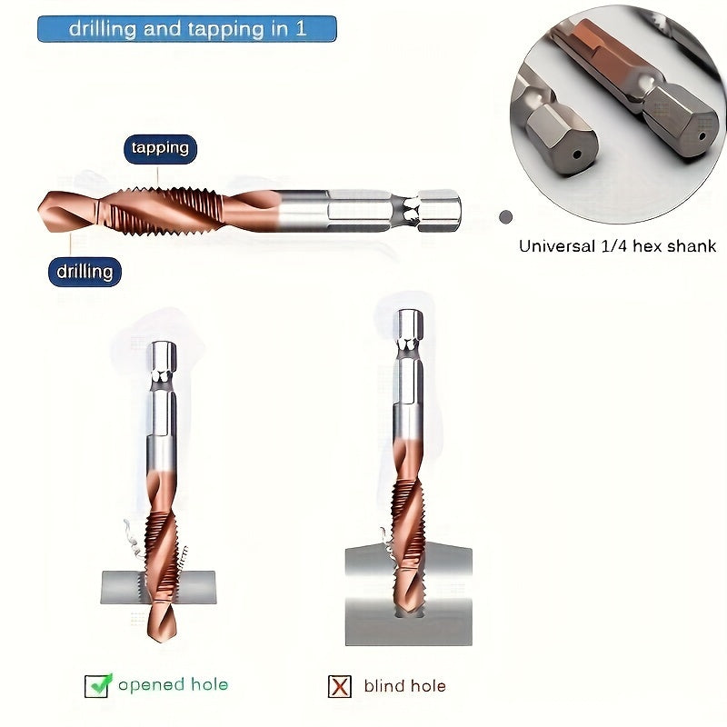 Six-piece Temu cobalt HSS drill and tap set with countersink and deburr tools for metalworking and precision drilling.