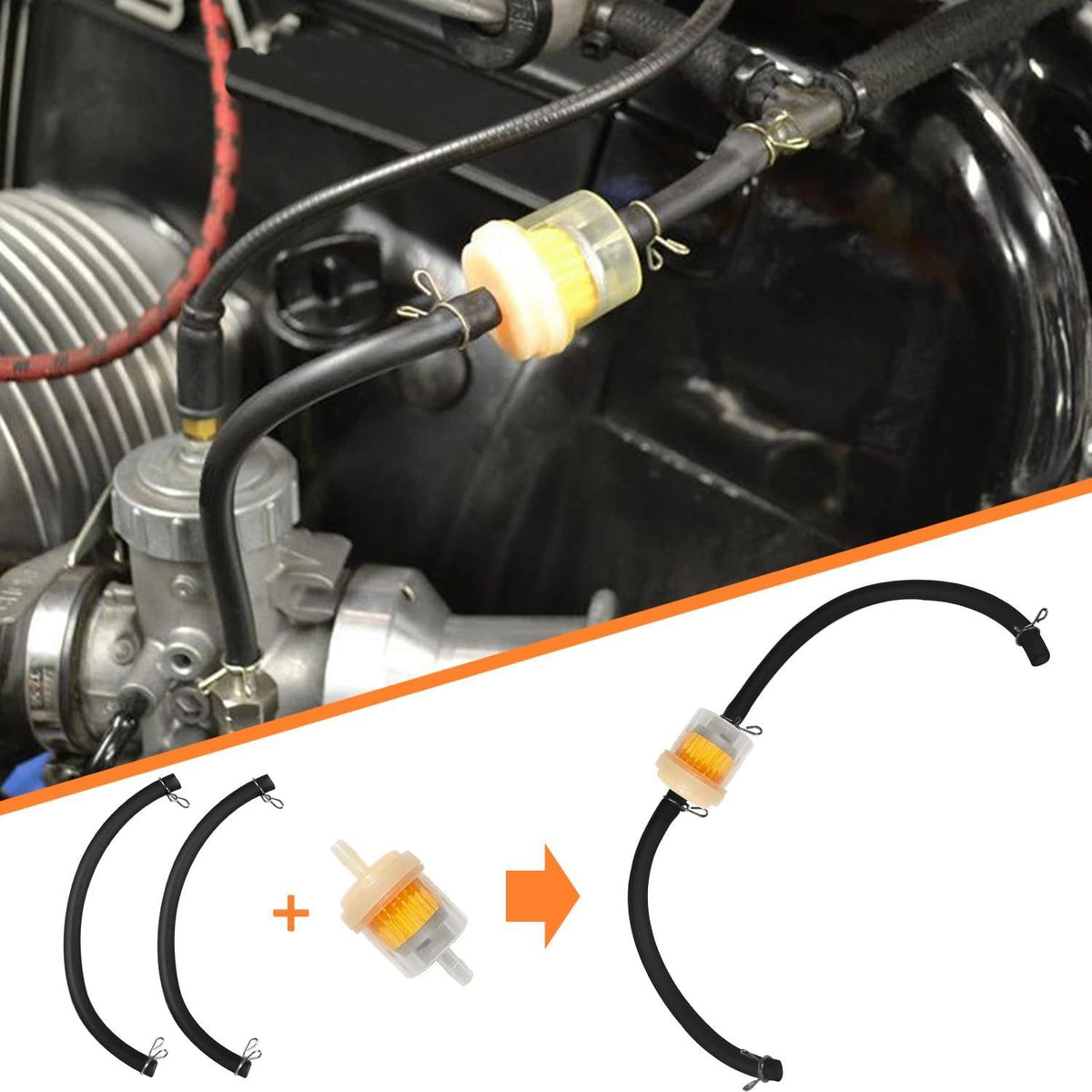 Temu 90cm flexible gas fuel pipe hose kit with fuel filter, inline fuel valve, and clips for automotive fuel system.