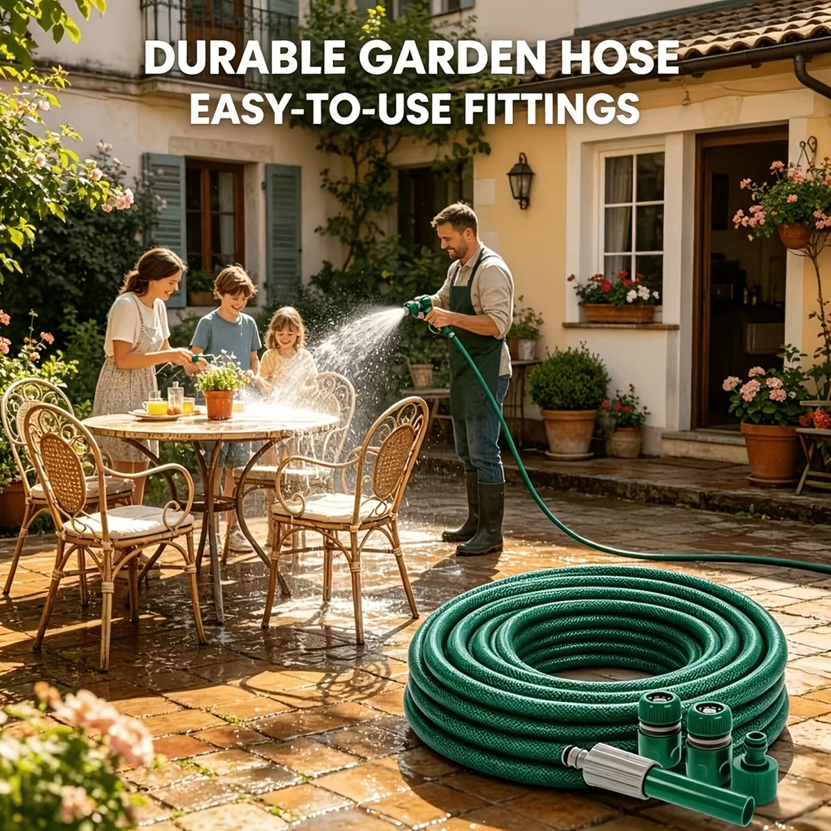 Temu heavy-duty garden hose set with quick connector, flexible rubber hose and brass fittings for outdoor watering.