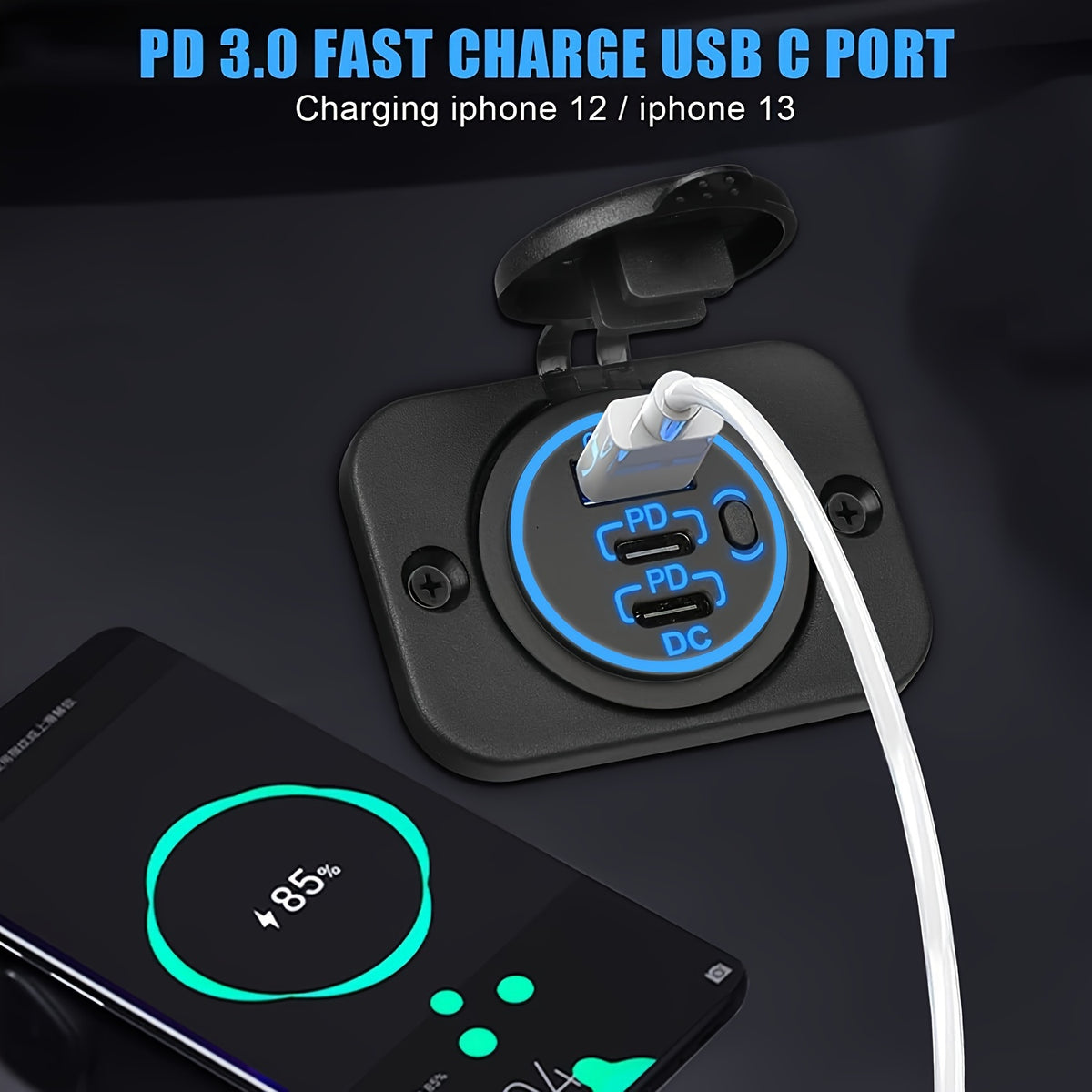 Temu 3-Port USB fast car charger socket with cable, supporting 30W PD3.0 and 18W QC 3.0 for quick device charging.