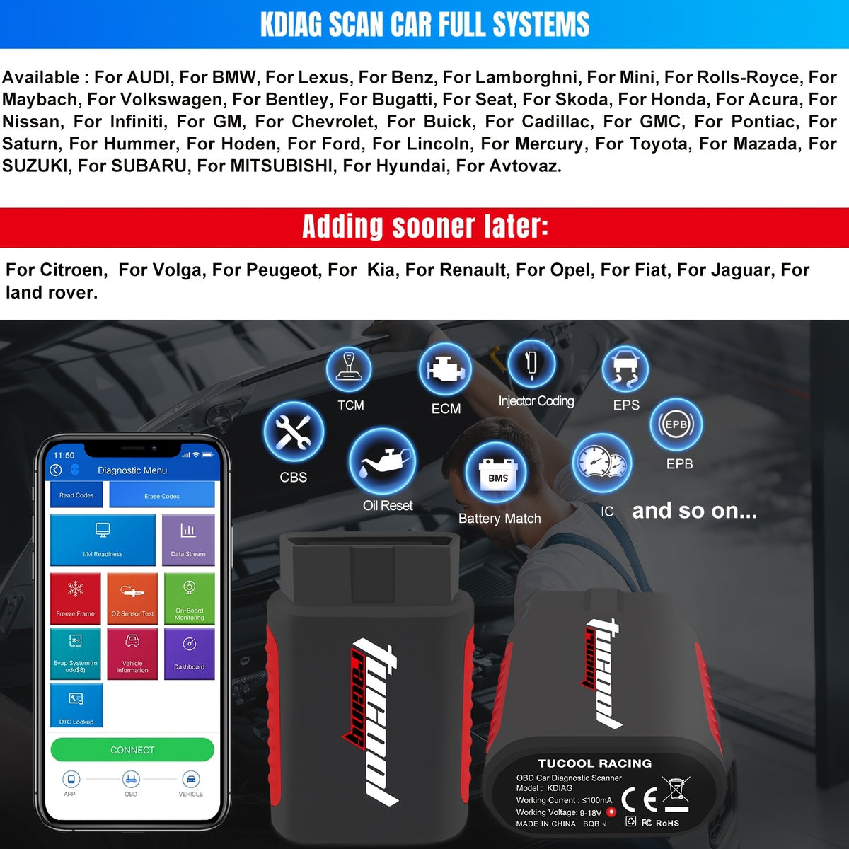 Wireless OBD2 car diagnostic tool by Temu, used for full system scans on vehicles with a compact, portable design.