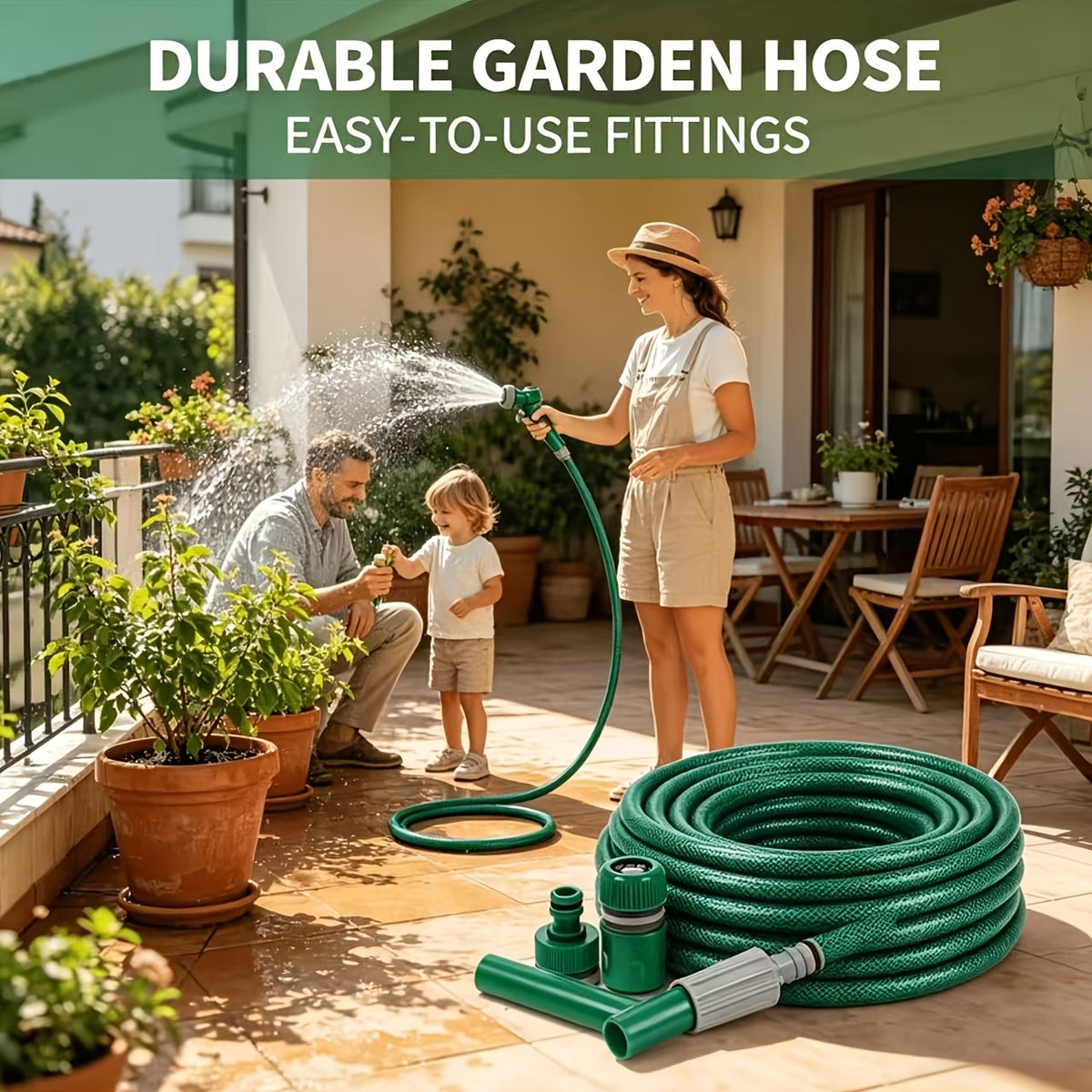 Heavy-duty garden hose set by Temu with quick connector, flexible hose and spray nozzle for outdoor watering and gardening tasks.