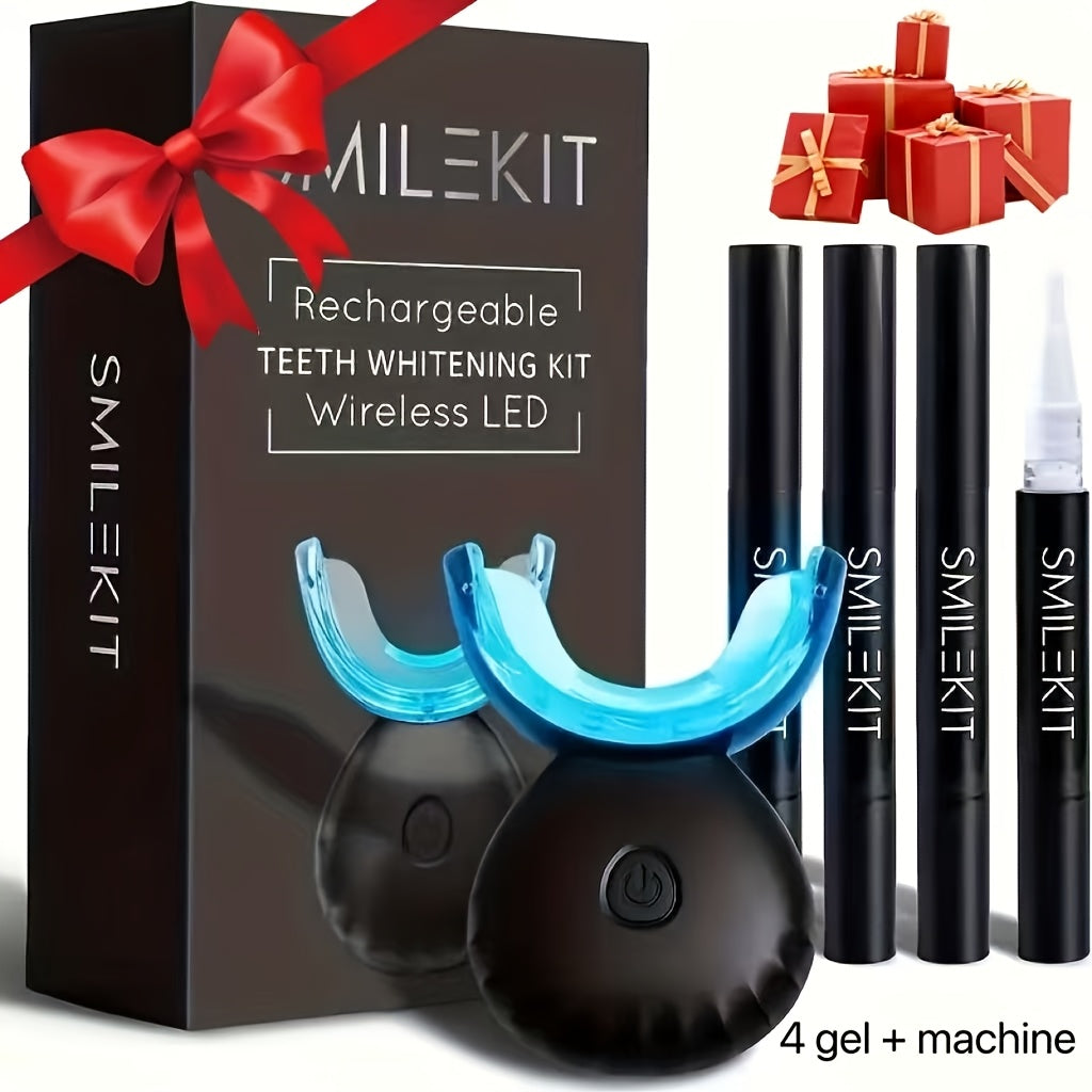 Temu SmileKit wireless dental cleaning set with LED blue light accelerator and four tooth gel pens displayed on a white background.