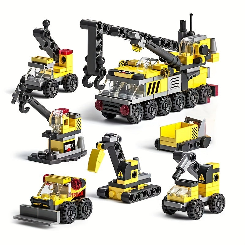 Temu 142-piece engineering crane pullback building blocks set showing assembled crane and various construction pieces.