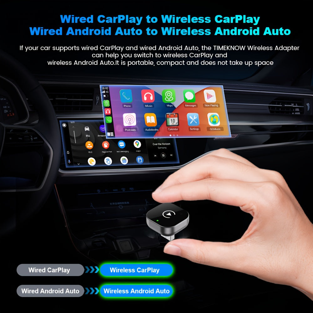 Temu Wireless CarPlay Adapter with stereo sound, smartphone controller, and hands-free calling for seamless in-car connectivity.
