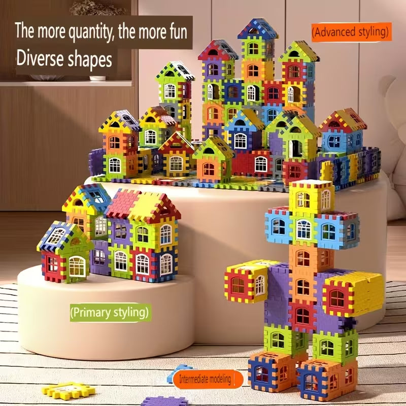Set of 100 large DIY building blocks for playhouses by Temu, colorful plastic construction pieces for creative kids' play.