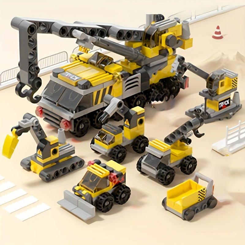 Temu 142pcs engineering crane pullback building blocks set showing assembled crane and construction scene.