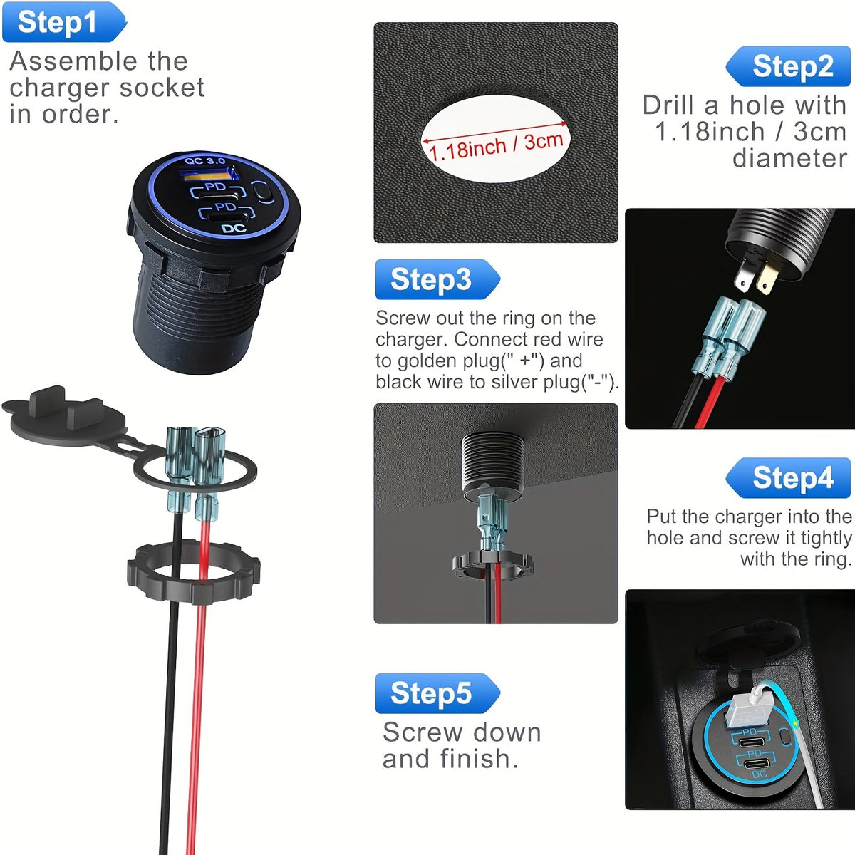 Temu 3-Port USB fast car charger socket with cable, showcasing 30W PD3.0 and 18W QC 3.0 charging ports for vehicles.