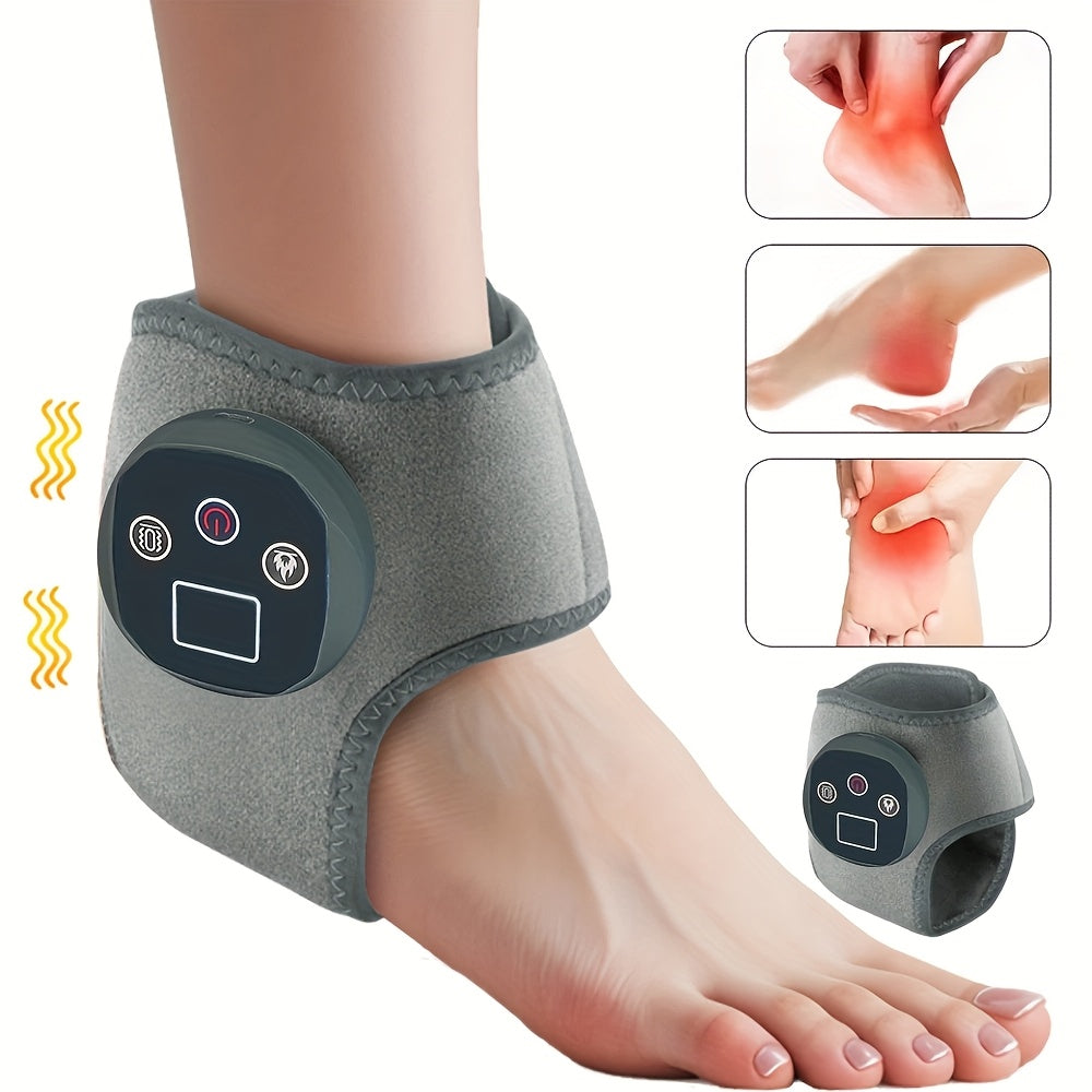 Temu ankle heating massager with vibration modes, heat settings, USB rechargeable, designed for foot relaxation and pain relief.