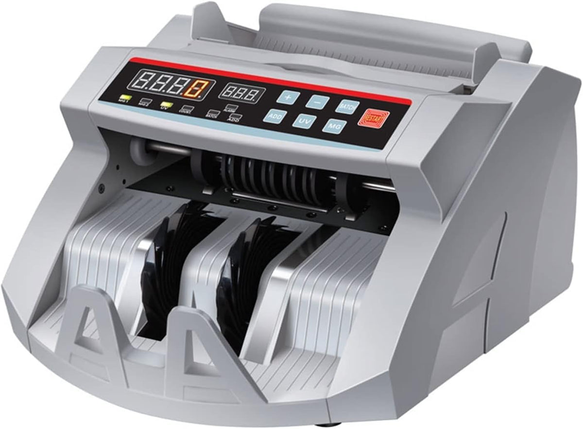 ET fully automatic money counter displaying bills, digital screen, and counting mechanism for efficient cash processing.