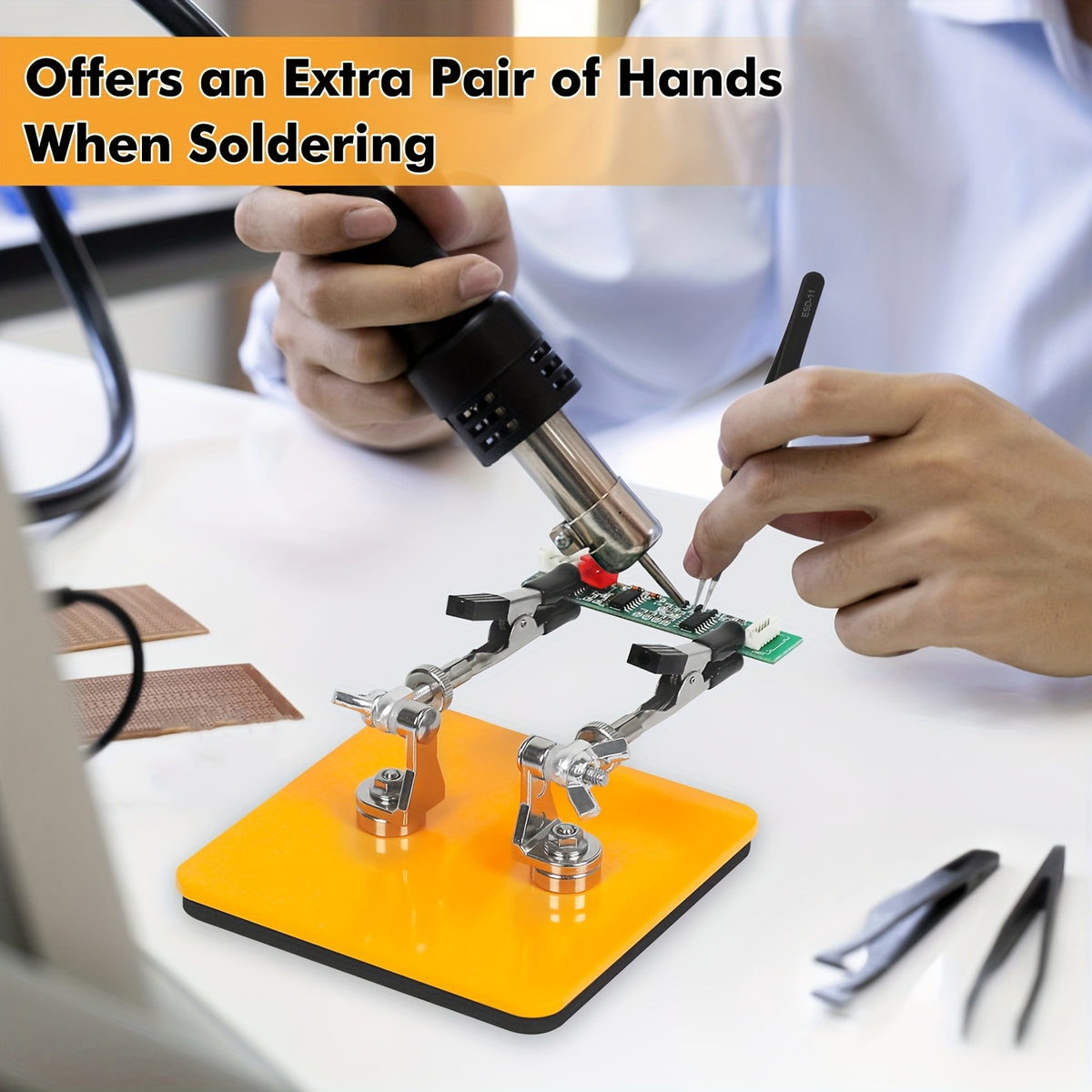 Temu soldering helping hands with magnetic flexible arms and crocodile clips holding a circuit board for precise soldering.