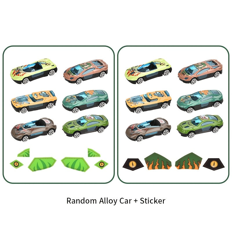 Green and yellow dinosaur transformer toy with friction-powered slide track and three cars, suitable for kids.
