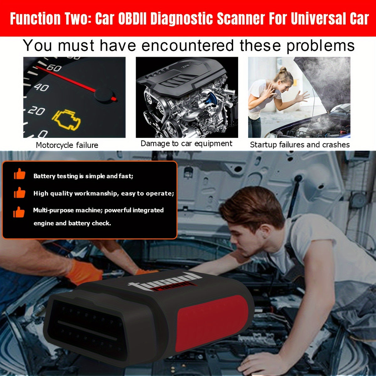 Temu Tucool Racing KDIAG Wireless OBD2 Car Diagnostic Tool connected to vehicle for full system scan.