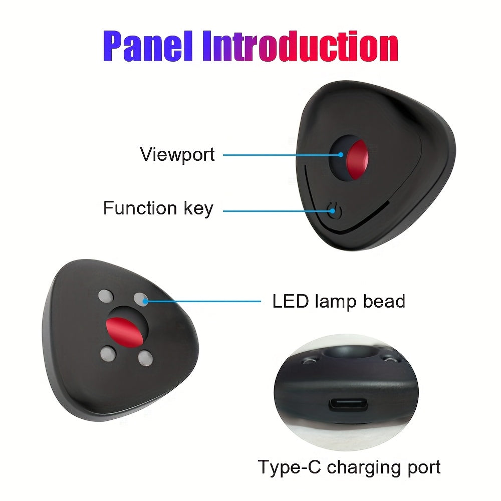 Temu 1pc portable mini hidden camera detector showing compact device with LED indicator and detection sensors.