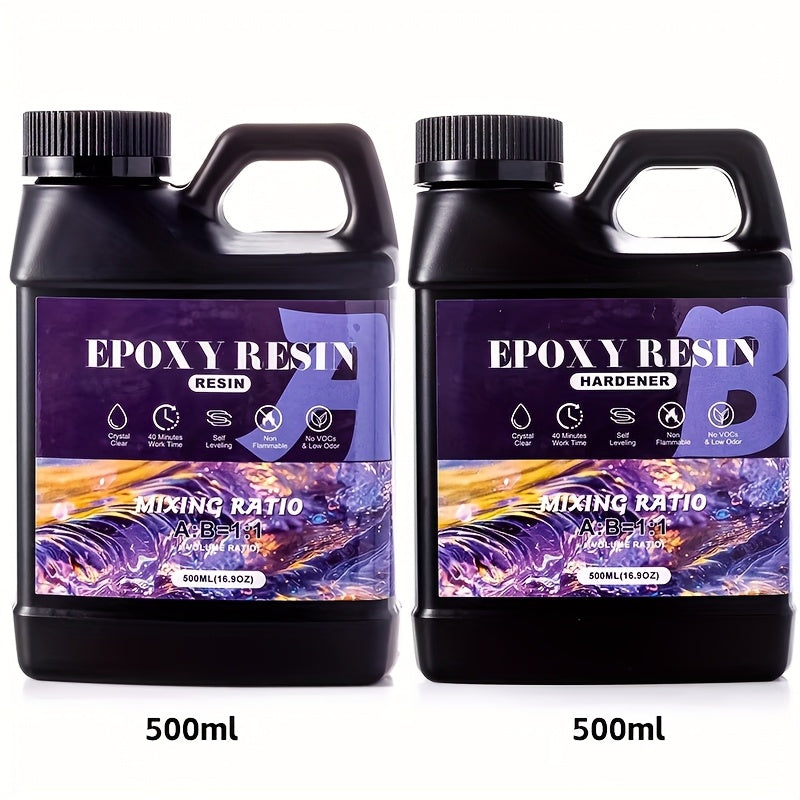 Clear epoxy resin kit with six containers, high gloss finish, bubble-free art resin supplies for coating, casting, and jewelry crafting.