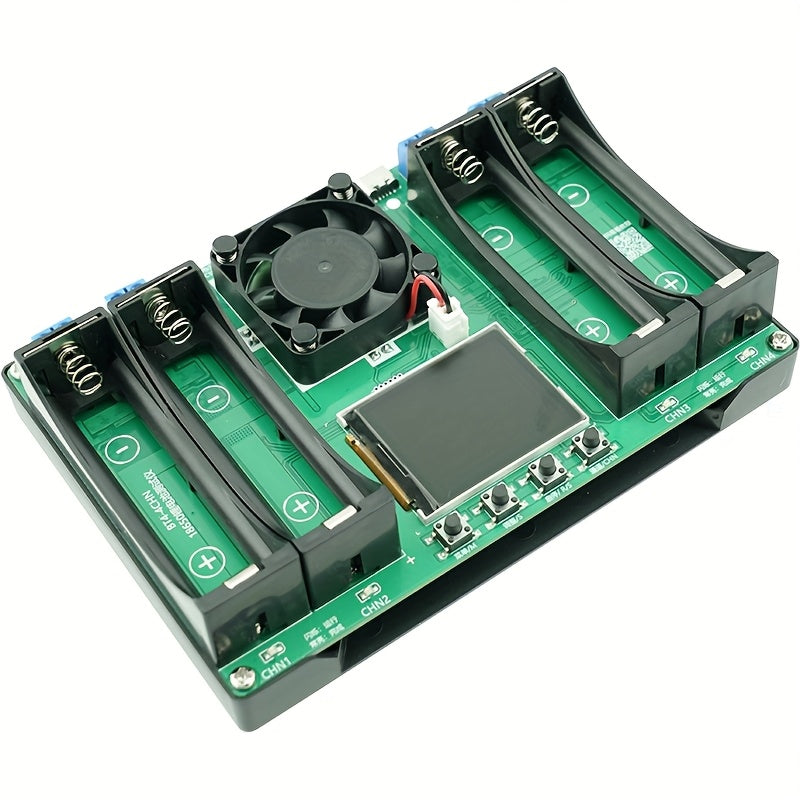 Temu 4-channel lithium-ion battery tester displaying digital screen and multiple connection ports for 18650 batteries.