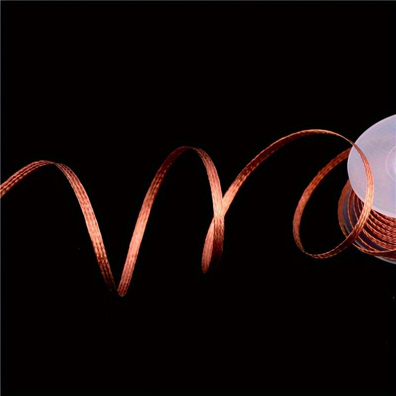 Foldable copper soldering strips, 2mm wide and 1.5m long, branded Temu, shown in a coiled, flexible design for electronic soldering projects.