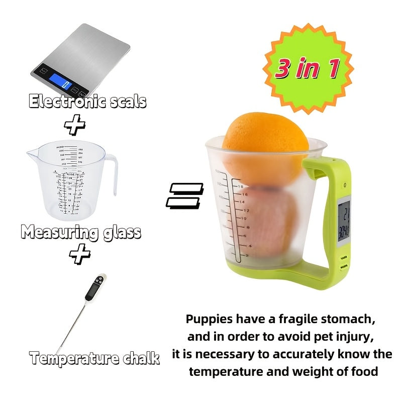 600ml Temu smart measuring cup with built-in thermometer displaying measurement marks and digital scale for accurate cooking.
