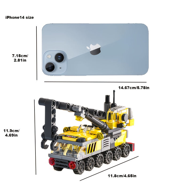 Temu 142-piece engineering crane pullback building blocks set, featuring colorful construction pieces and a working crane model.