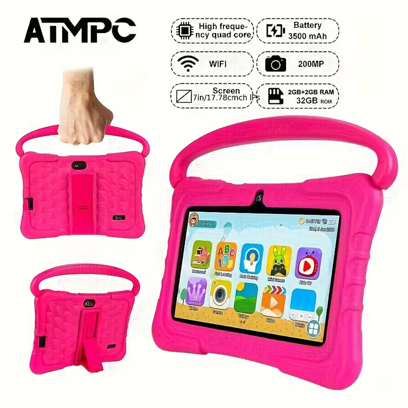 Pink Temu Android tablet with 17.78 cm screen, 32GB ROM, 2GB RAM, designed for kids, running Android 15.0.