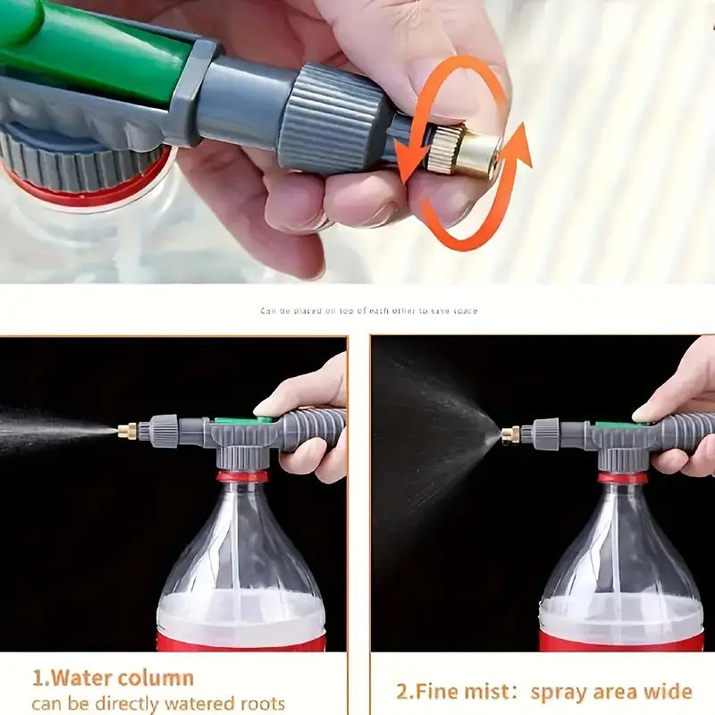 Temu plastic garden sprayer with handheld pressure pump for watering plants, featuring a clear plastic bottle and adjustable nozzle.