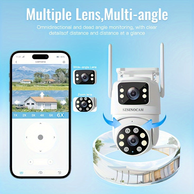 Wireless outdoor security camera with dual lenses, HD 720P, night vision, IP66 waterproof, and app control by Temu.