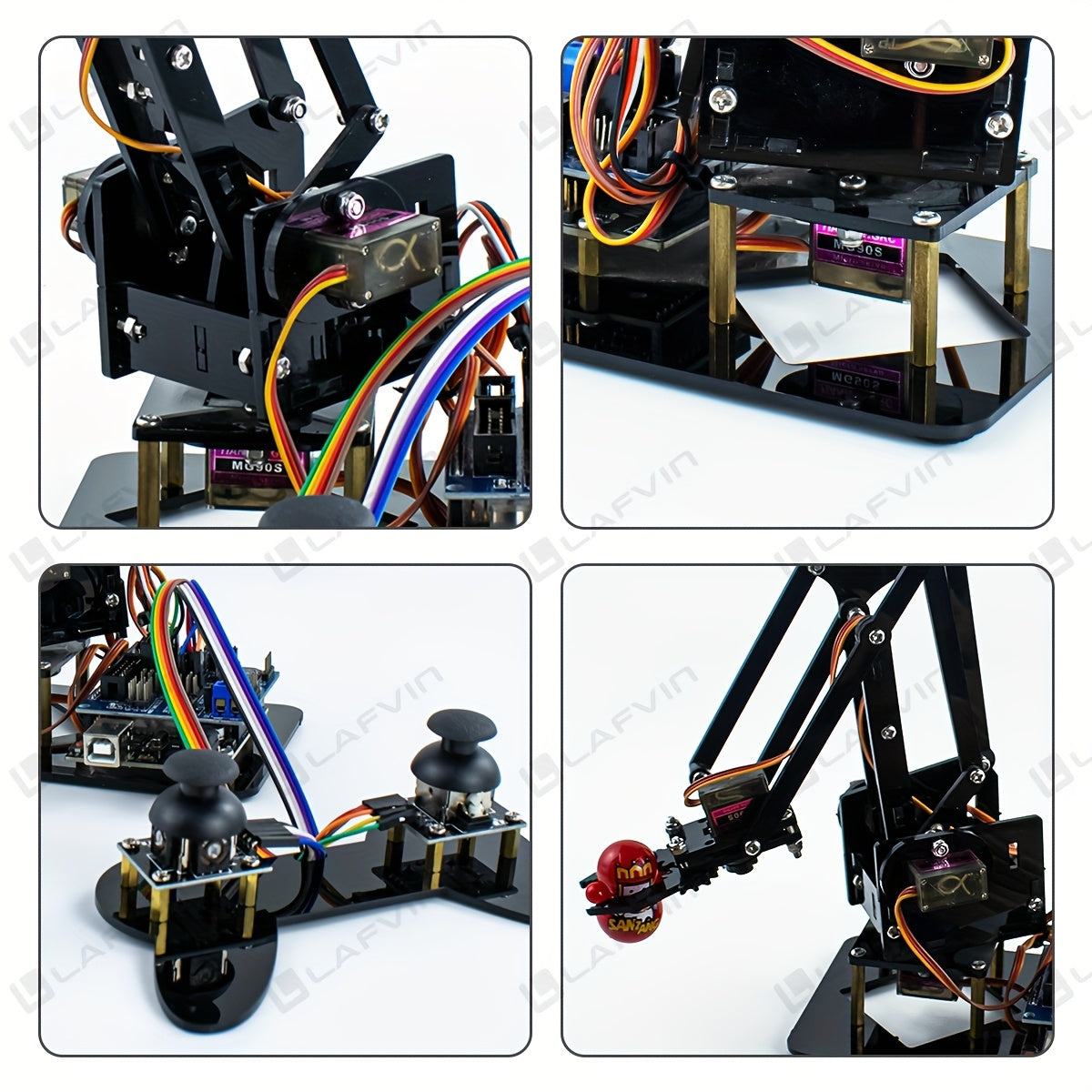 Mechanical robot claw kit by Temu with USB power, showing the robotic claw arm and control components on a workspace.