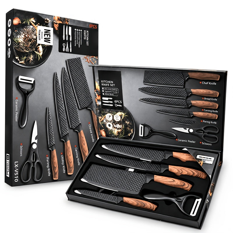 Six stainless steel kitchen knives in a set, including chef, bread, and utility knives, with black handles and blade details.
