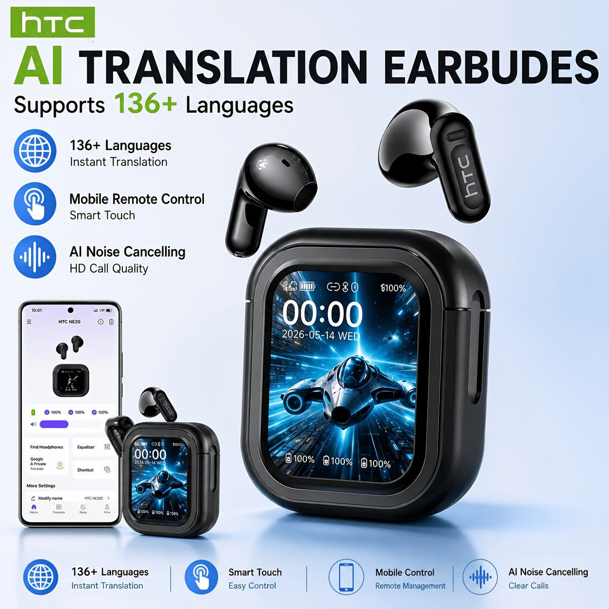 HTC NE20 AI Smart Translator Earbuds in black, wireless in-ear design with built-in translation features and sleek branding.