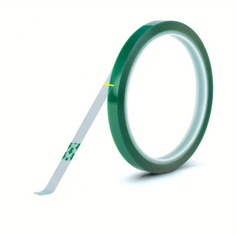 Green PET film tape, 5mm x 33M roll from Temu, shown in a close-up image with smooth, flexible adhesive surface.