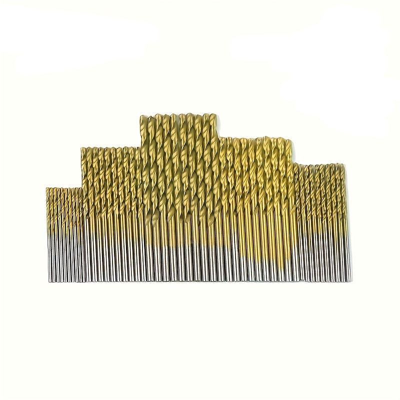 Set of 50 titanium-coated high-speed steel drill bits, displayed in a compact storage case for versatile drilling tasks.