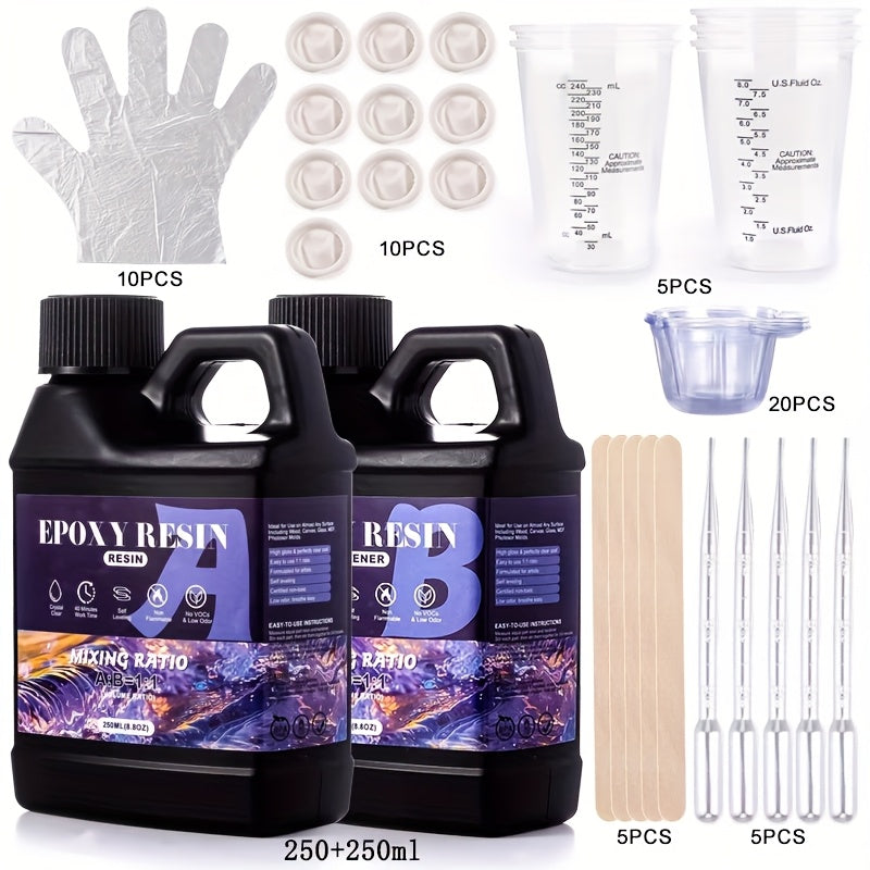 Clear epoxy resin kit with 57pcs for coating, casting, and jewelry crafting, featuring high gloss and bubble-free finish.