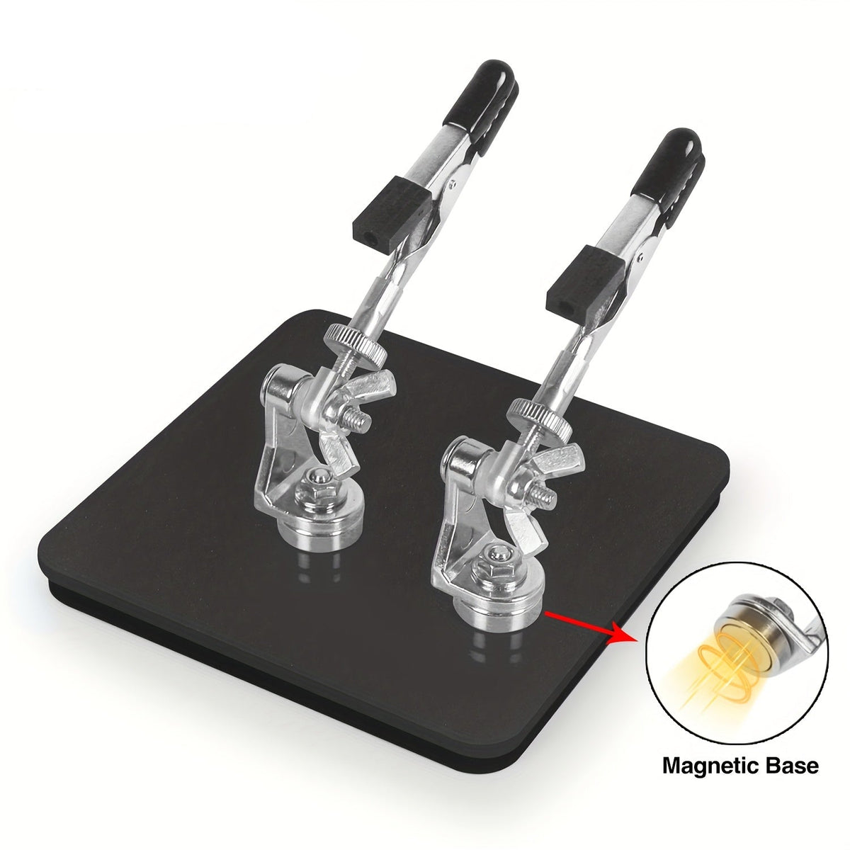 Temu soldering helping hands with magnetic flexible arms and crocodile clips for PCB assembly and electronic soldering tasks.