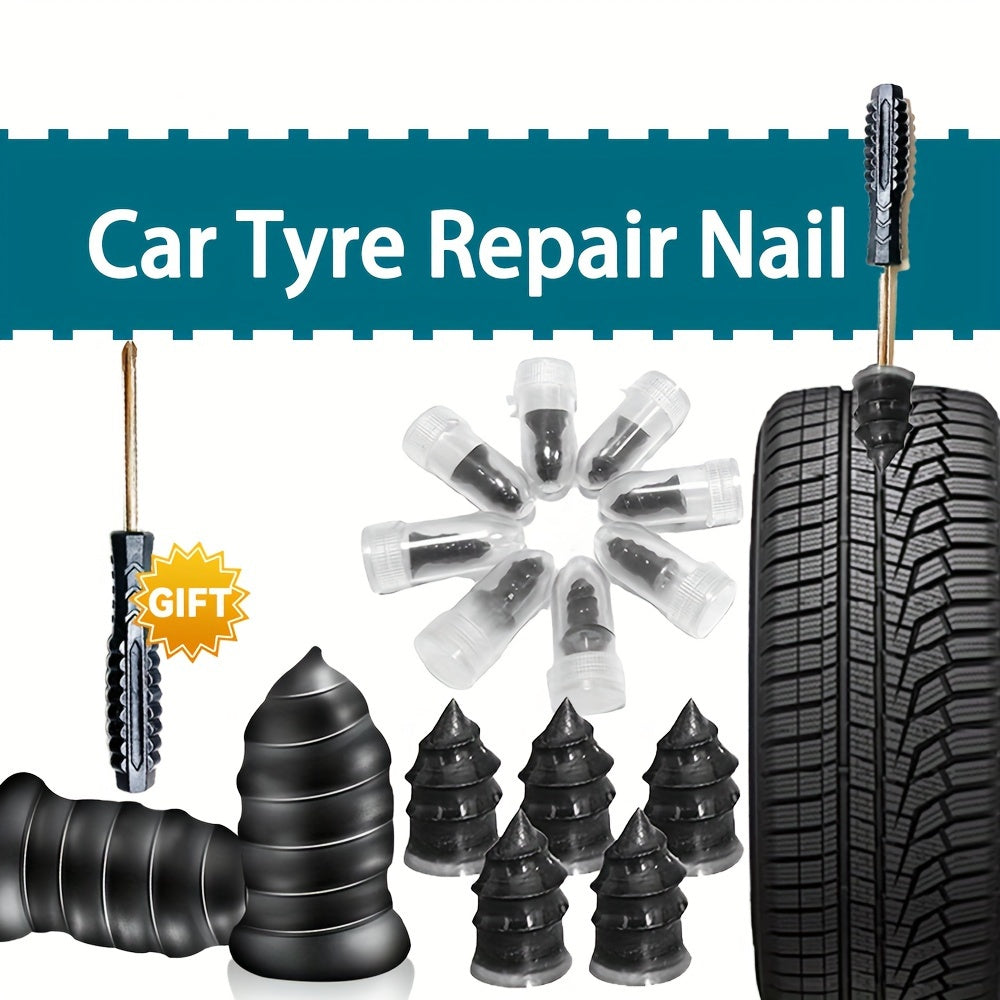 Temu car tire repair tools set with tire nails and adhesive for quick, effective tire puncture repairs.