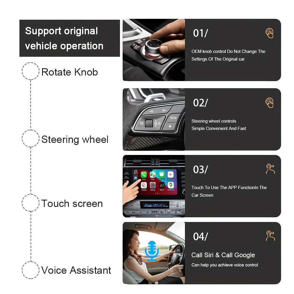 Wireless CarPlay adapter by Temu with stereo sound, smartphone controller, and hands-free functionality for seamless in-car connectivity.