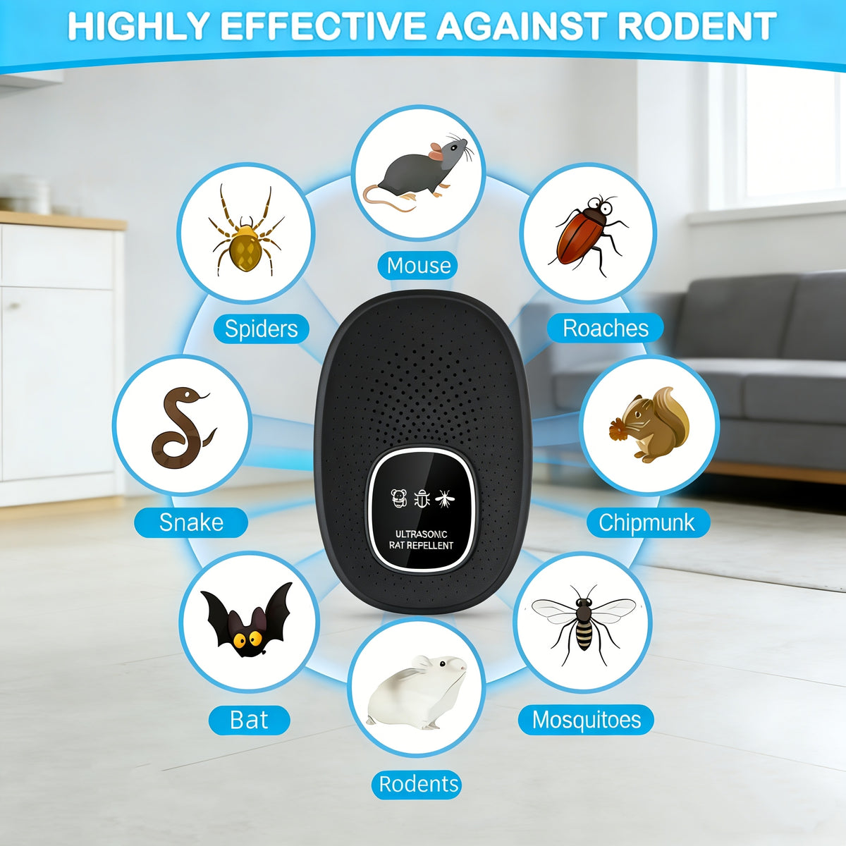 Q62 Ultrasonic Pest Repeller by Temu showing the device with LED indicators and power button for pest control.