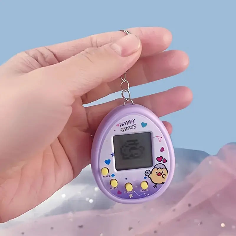 Virtual pet handheld game by Temu featuring a small electronic device with a digital screen displaying a virtual pet.
