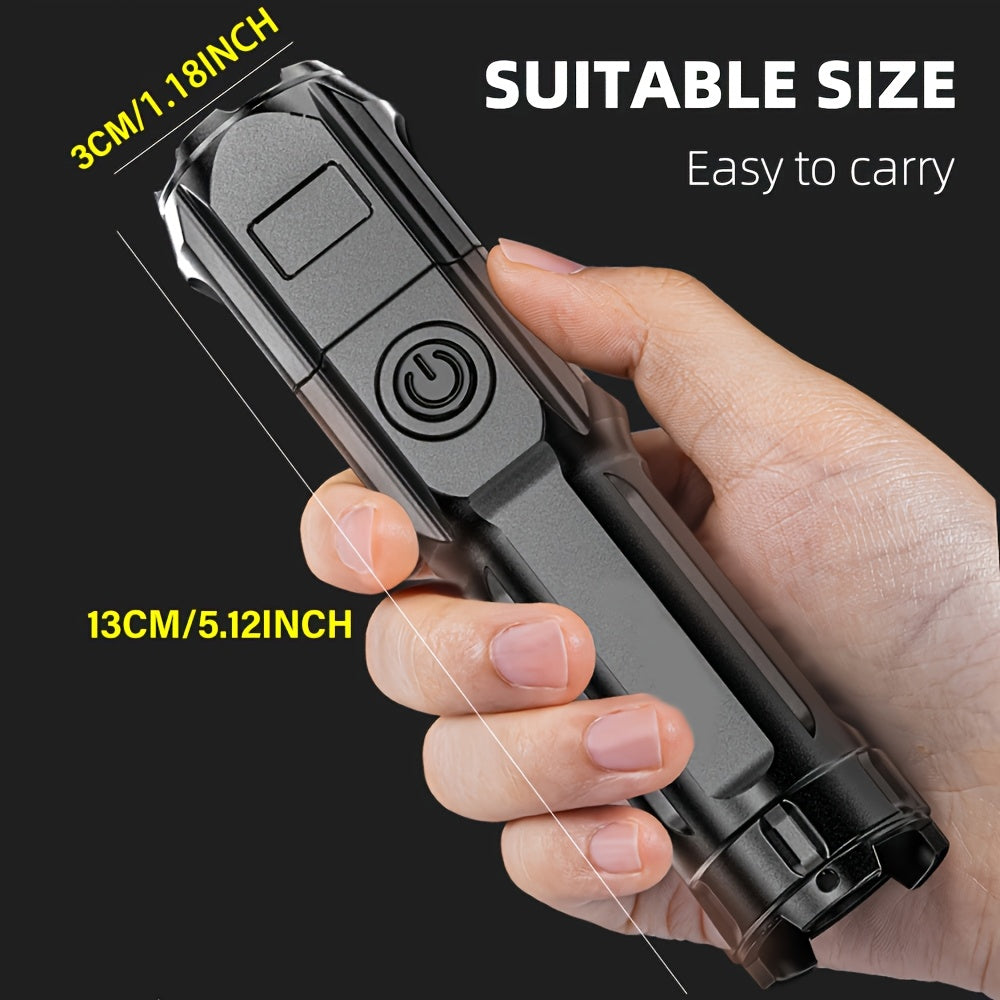 Temu 2-pack rechargeable LED flashlights with zoom feature and three lighting modes, handheld and portable for outdoor use.
