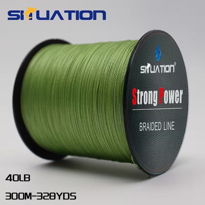 Temu super strong braided fishing line with 40lb (18.14kg) anti-abrasion design, shown coiled with textured surface and fishing hooks.