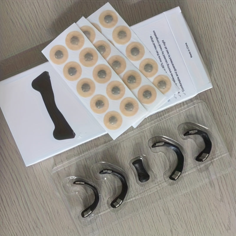 Set of 60 anti-snoring patches and 5 nose clips from Temu, displayed on a white background, designed to reduce snoring.