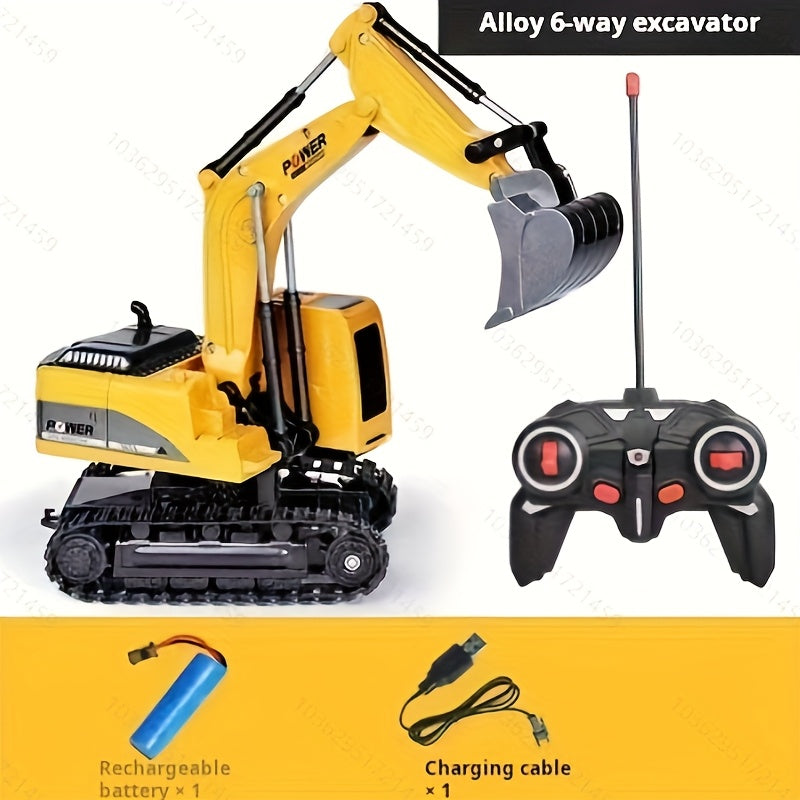 Remote control excavator by Temu with 5 channels, shown digging sand and soil with detailed moving parts and realistic design.